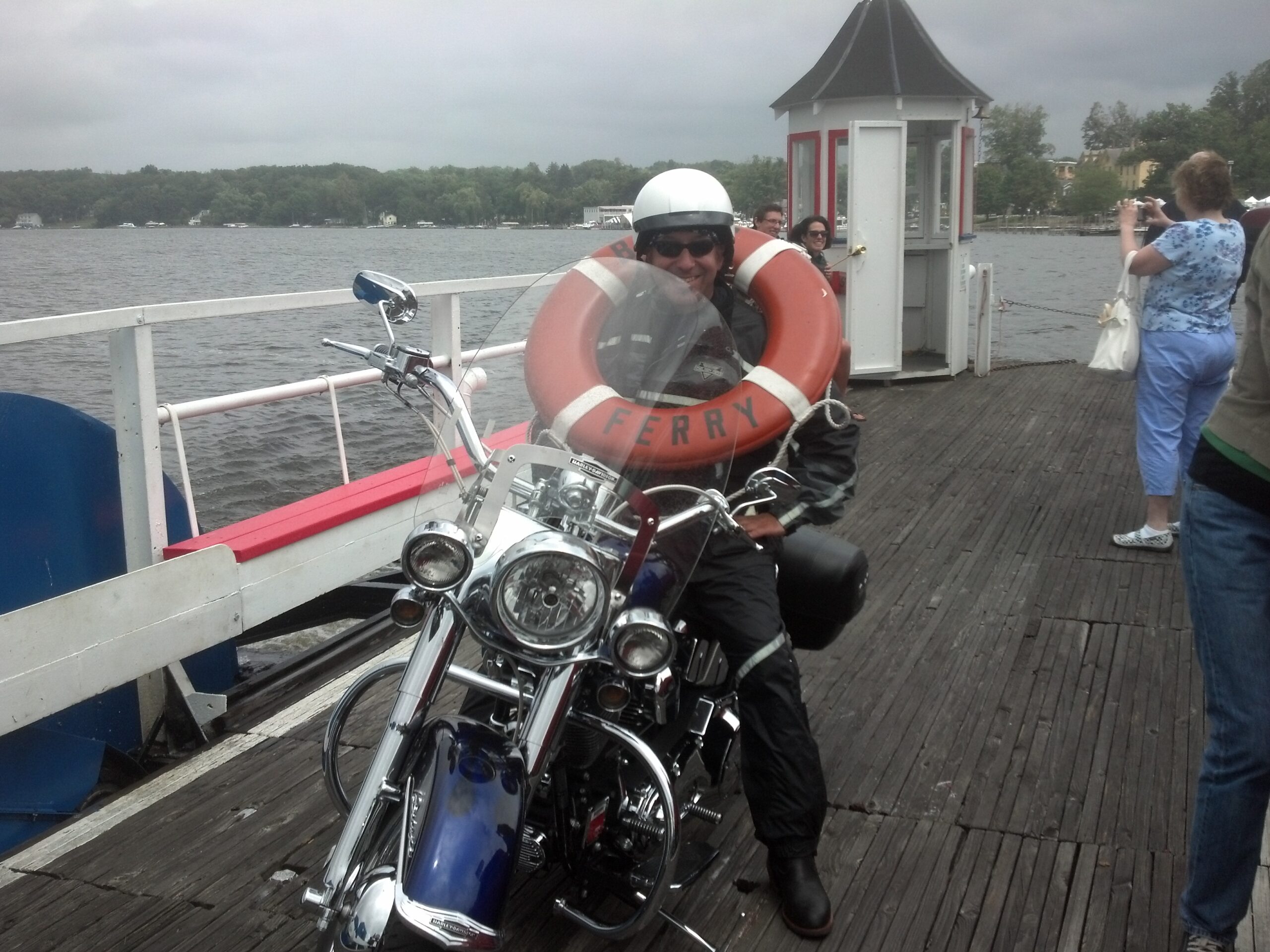 Marketing guy Chris Genovese sits on his 2005 Harley-Davidson Softail Deluxe while crossing Chautauqua Lake on the Bemus Point Ferry