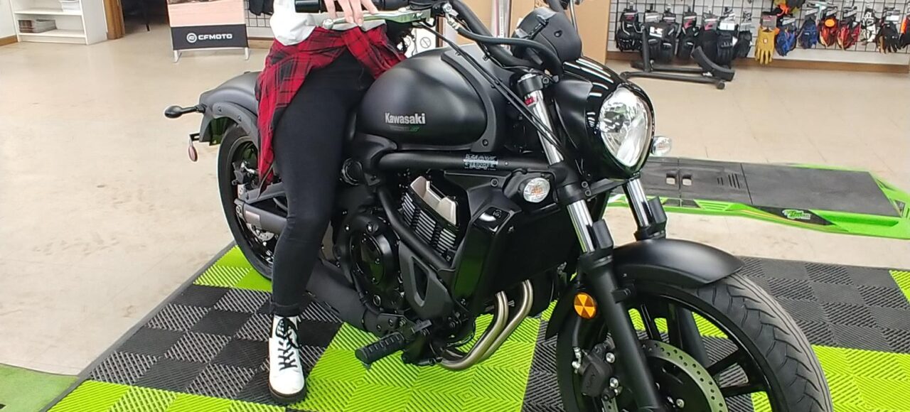 Attorney Christina Gullo sits on a 2023 Kawasaki Vulcan 650s at Hebeler's in Pendleton, NY