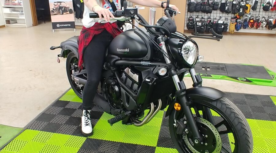 Attorney Christina Gullo sits on a 2023 Kawasaki Vulcan 650s at Hebeler's in Pendleton, NY