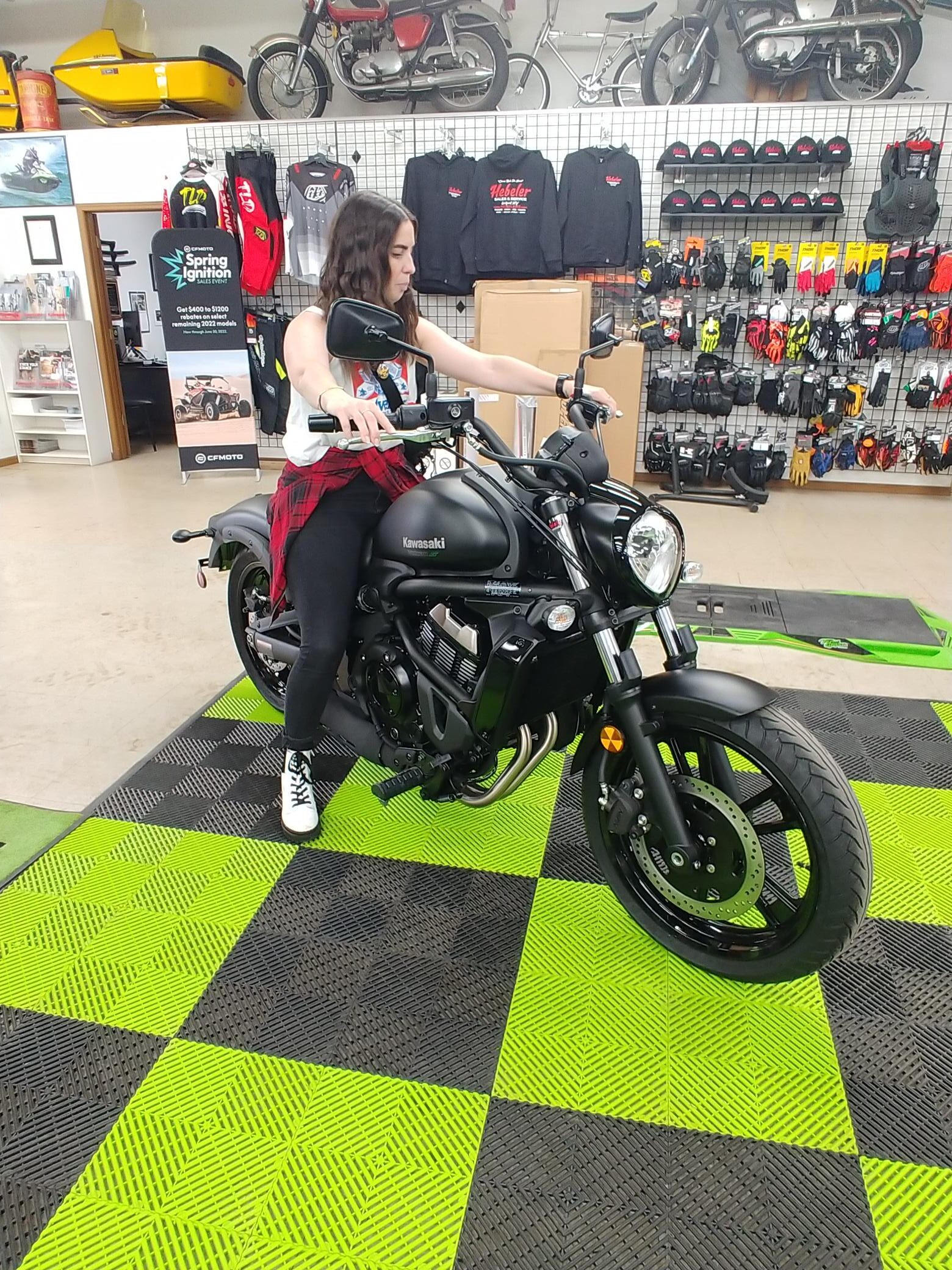 Attorney Christina Gullo sits on a 2023 Kawasaki Vulcan 650s at Hebeler's in Pendleton, NY