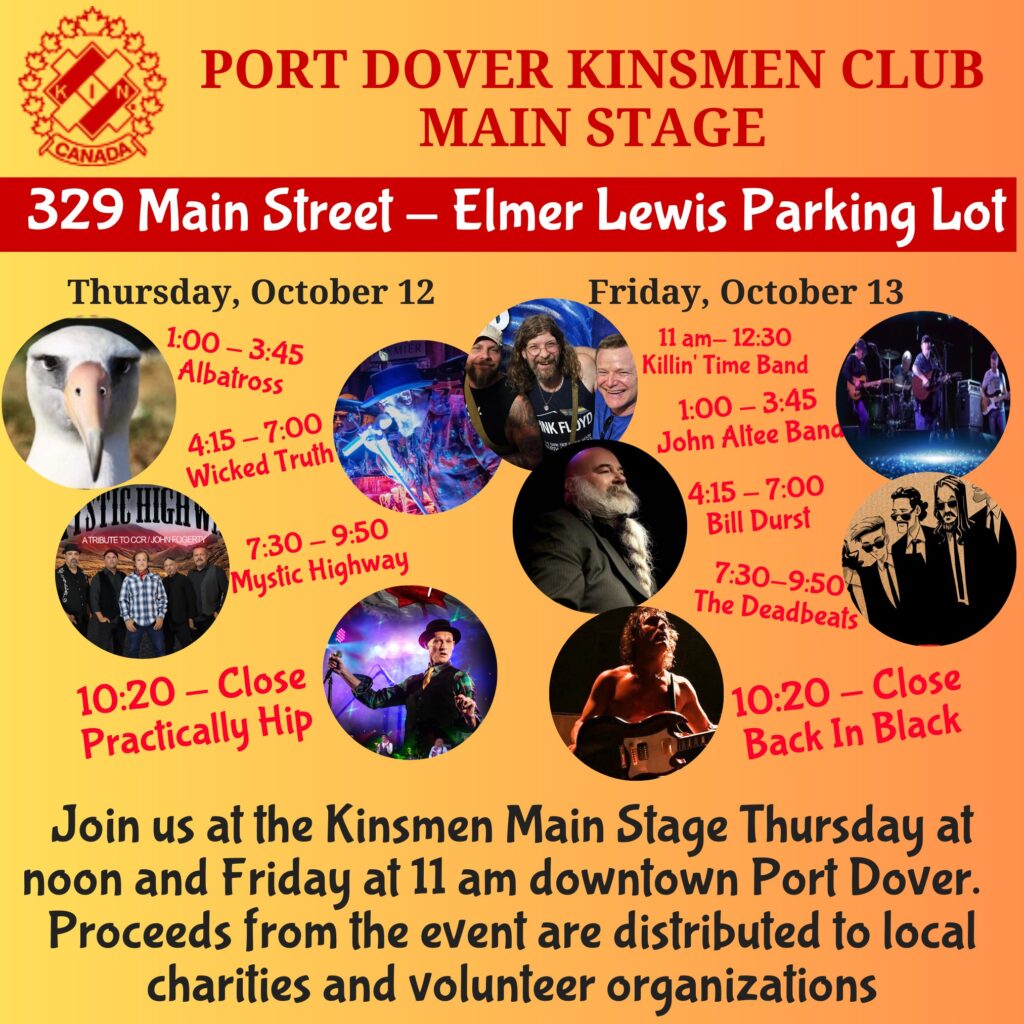 Flyer for the Port Dover Kinsmen Club Main Stage lineup for their 2023 Friday the 13th festivities, October 12-13, 2023