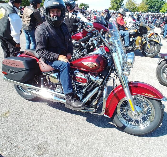 Attorney Steve Kantor sits on his Harley Davidson 120th Anniversary Edition Heritage Softail among other riders during the 2023 Bikers Unite for MercyFlight Run, September 16, 2023