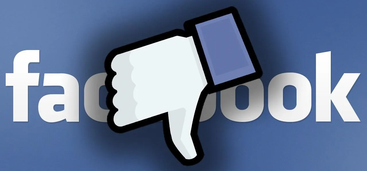 "facebook" logo with the "thumbs down" emoji overshadowing it