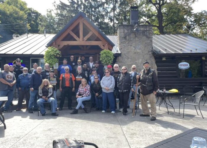 Group photo at the Log Cabin at Indian Falls from the 35th Annual ABATE of Buffalo/Erie Toy "Cash for Bikes" Run.