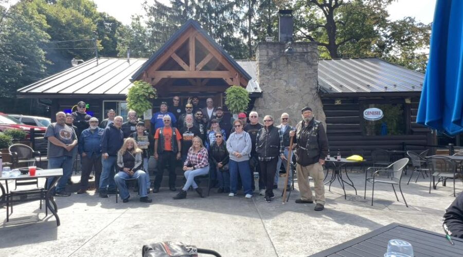Group photo at the Log Cabin at Indian Falls from the 35th Annual ABATE of Buffalo/Erie Toy "Cash for Bikes" Run.