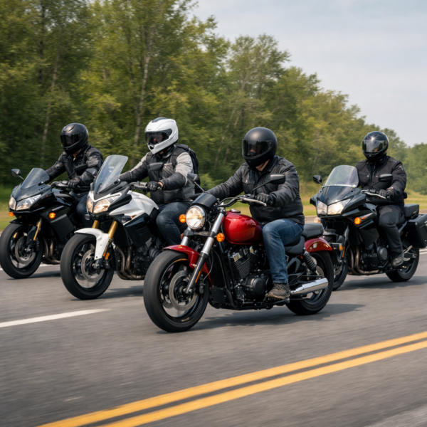 motorcyclists group ride Motorcyclists riding together on open road representing motorcycle accident lawyer services
