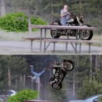 Meme showing the grandpa that was thrown in the air by a Yellowstone bison, riding a Harley-Davidson, and now being thrown in the air by a big pile of lawn clippings. It's meant to be funny, poking fun of the folks that think lawn clippings are very dangerous.