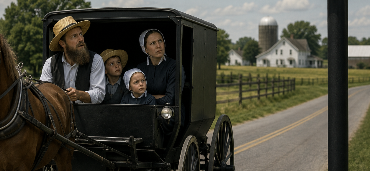 An image generated by ChatGPT that shows a family in a horse buggy that might be Amish or Quaker. They are on a road passing an automatic license plate reader camera and looking at it with disbelief.