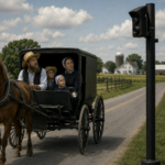 ChatGPT Image Aug 20, 2026, 02_21_46 PM An image generated by ChatGPT that shows a family in a horse buggy that might be Amish or Quaker. They are on a road passing an automatic license plate reader camera and looking at it with disbelief.