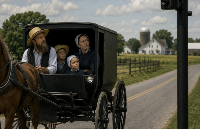 ChatGPT Image Aug 20, 2026, 02_21_46 PM An image generated by ChatGPT that shows a family in a horse buggy that might be Amish or Quaker. They are on a road passing an automatic license plate reader camera and looking at it with disbelief.