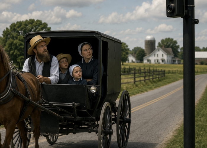 ChatGPT Image Aug 20, 2026, 02_21_46 PM An image generated by ChatGPT that shows a family in a horse buggy that might be Amish or Quaker. They are on a road passing an automatic license plate reader camera and looking at it with disbelief.