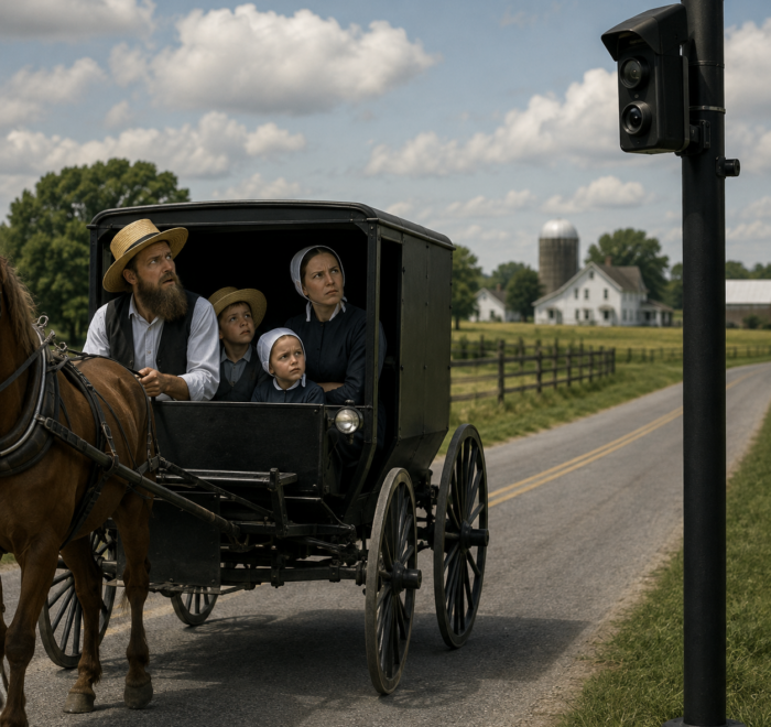 An image generated by ChatGPT that shows a family in a horse buggy that might be Amish or Quaker. They are on a road passing an automatic license plate reader camera and looking at it with disbelief.