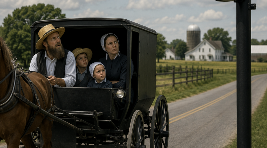 ChatGPT Image Aug 20, 2026, 02_21_46 PM An image generated by ChatGPT that shows a family in a horse buggy that might be Amish or Quaker. They are on a road passing an automatic license plate reader camera and looking at it with disbelief.